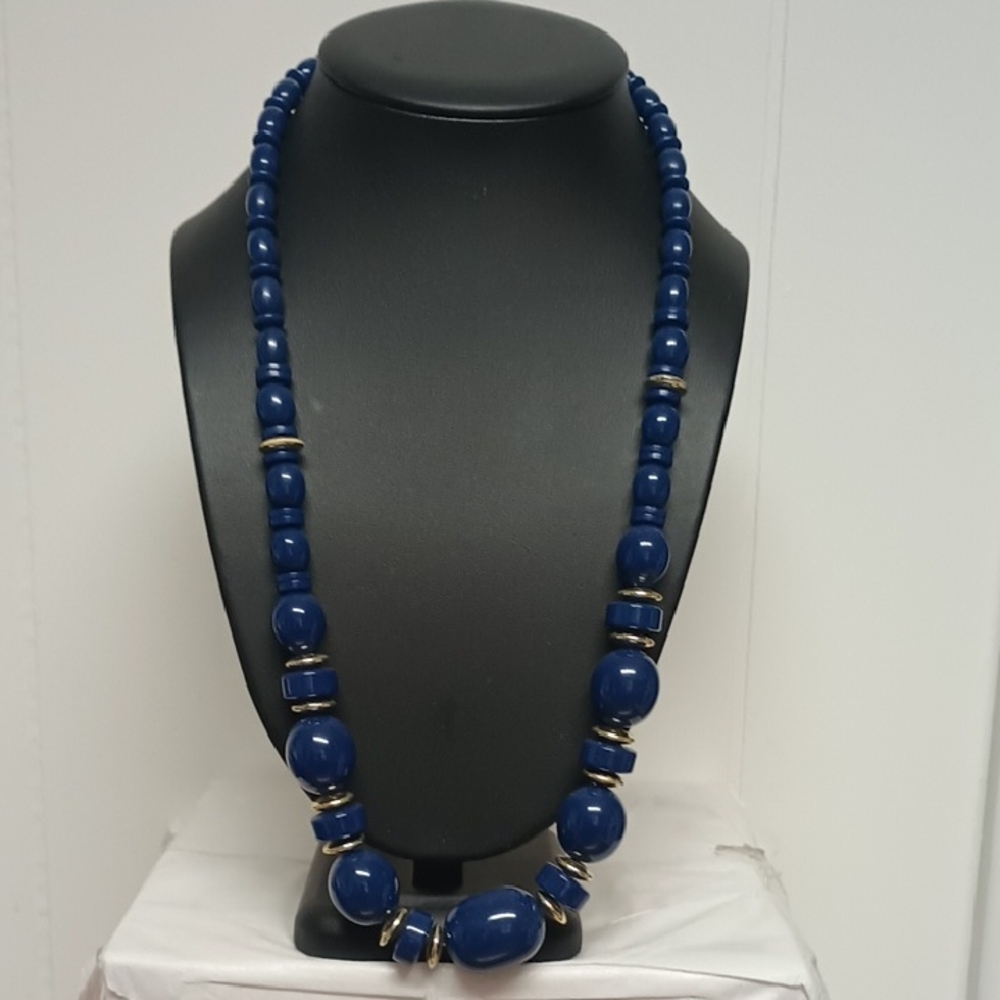Gorgeous Navy Blue and Gold Graduated Beaded Necklace